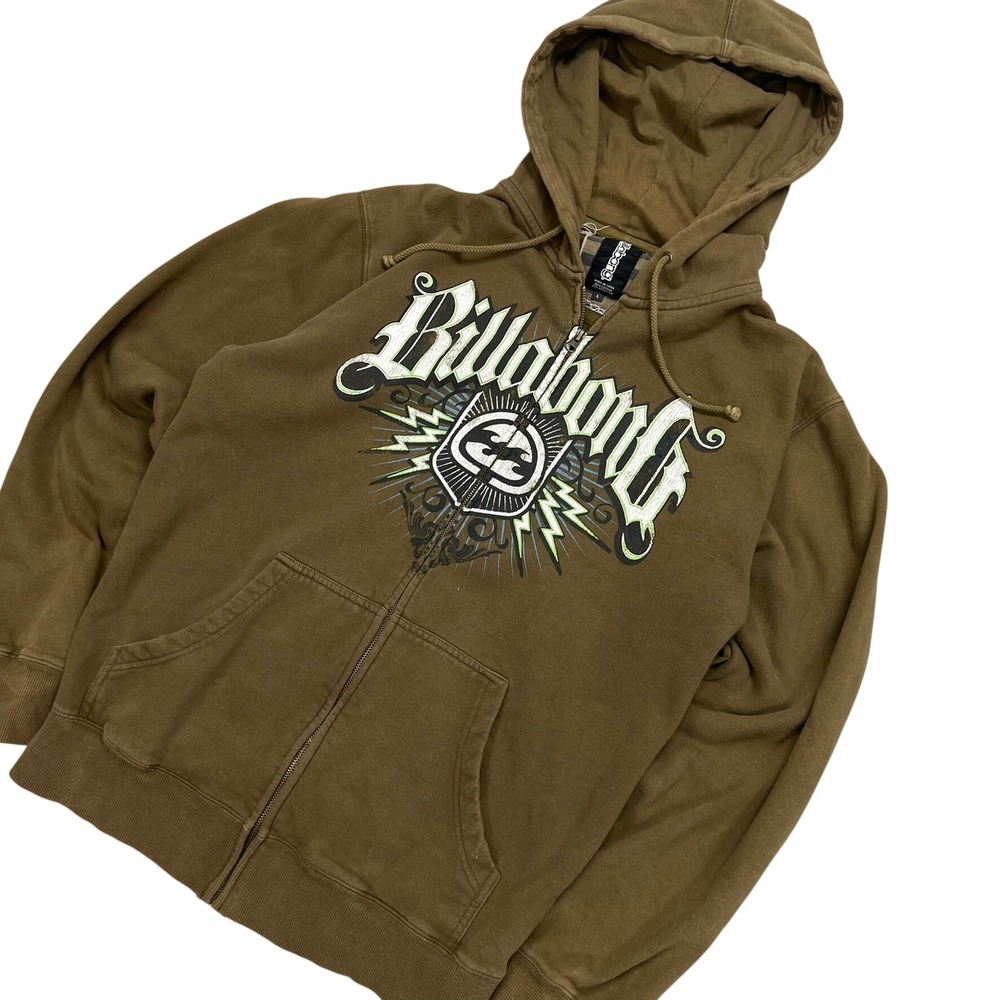 Vintage Billabong Y2K Full Zip Hoodie Brown Spellout Skater Surf Graphic Mens L